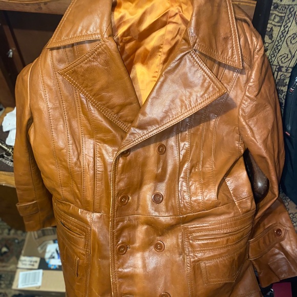 MENS VINTAGE BROWN LEATHER TRENCH COAT GREAT COND - Picture 4 of 13